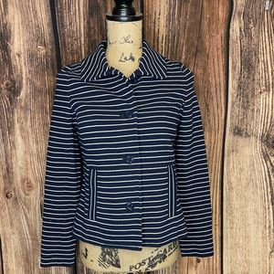 Talbots Knit Blazer Jacket Striped White Blue Nautical Button-Front Size P
